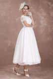 Short Sleeves A-Line Tea-Length White Bridal Dress With Appliques