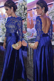 Long Sleeves Lace Satin Floor Length Prom Dresses Party Dresses