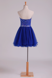 2024 New Arrival Dark Royal Blue A Line Sweetheart Homecoming Dresses Tulle Short With Beads