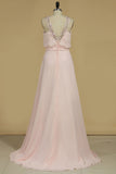 2024 Prom Dresses A Line V Neck Chiffon With Beading Sweep Train