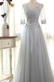 2024 Elegant Prom Dresses A-Line Scoop Floor-Length Tulle Zipper Back 3/4 Sleeves With Appliques