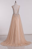 2024 New Arrival V Neck Open Back Prom Dresses A Line Tulle With Beading