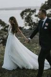 Fairy A-Line V Neck Sleeveless Chiffon Beach Wedding Dresses With Button, Simple Bridal Dress