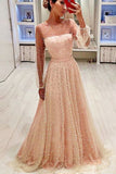 2024 A Line Round Neck Long Sleeves Champagne & Peach Pearls Long Prom Dresses