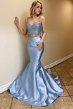 Two Piece Satin Prom Dresses With Lace, Spaghetti Straps Mermaid Long Party Dress