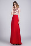 2024 Hot Selling Scoop A Line Full Length Red Prom Dress Beaded Tulle Bodice With Chiffon Skirt