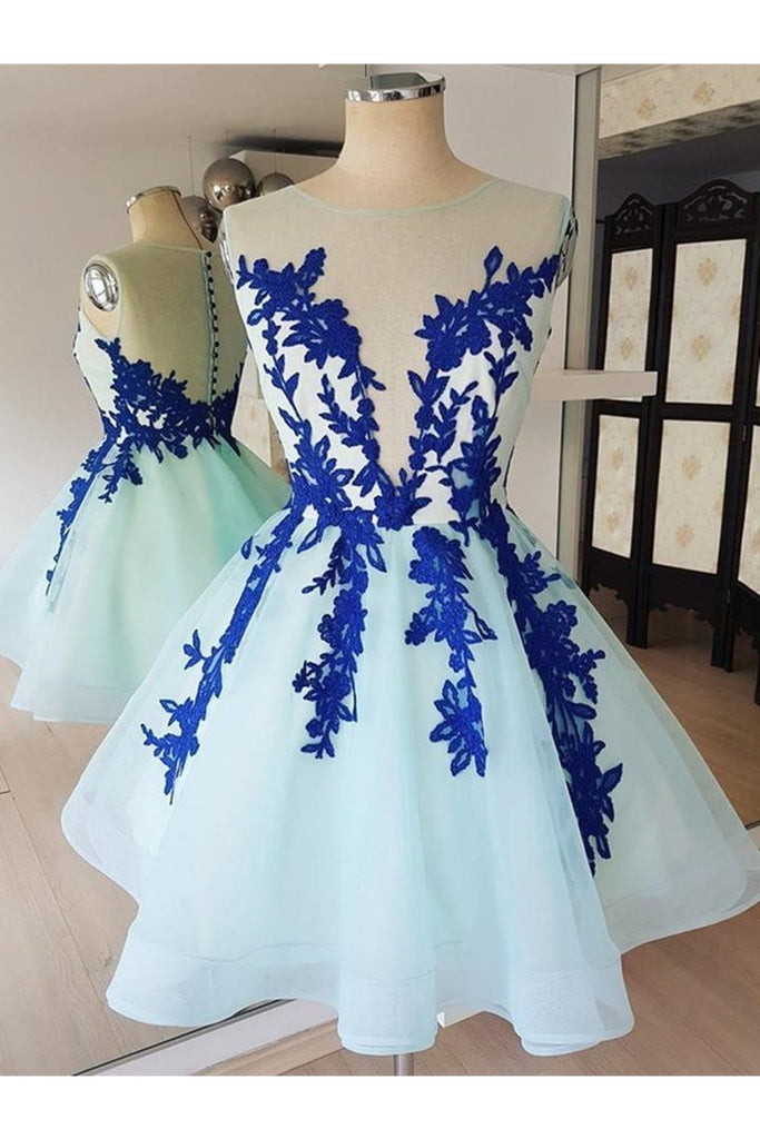 Short Lace Tulle Prom Dresses, Short Blue Lace Homecoming Graduation Dresses