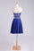 2024 A Line Short/Mini Strapless Dark Royal Blue Chiffon Homecoming Dresses With Rhinestone