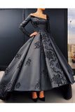 2024 A Line Long Sleeves Satin Prom Dresses With Applique Asymmetrical