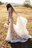 Cute Mermaid Ivory Lace Appliques V Neck Wedding Dresses Long Sleeves