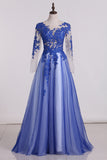 2024 See-Through Prom Dresses Scoop Long Sleeves Tulle With Applique A Line