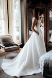 Simple Round Neck Satin Ivory Wedding Dresses With Pockets, Long Wedding Gowns