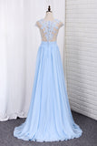 2024 Scoop Prom Dresses A Line Chiffon With Applique Sweep Train