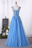 2024 Prom Dresses A Line Lace Up Tulle Scoop With Applique And Sash