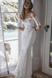 Two Pieces Ivory Lace Mermaid Off The Shoulder Wedding Dresses, Beach Wedding Gowns