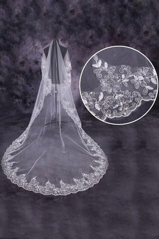 One-Tier Cathedral Bridal Veils With Applique And Sequins