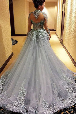 2024 A Line Prom Dresses High Neck Long Sleeves Tulle With Applique Court Train