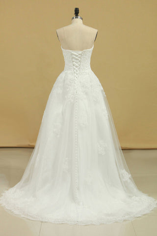 2024 Wedding Dresses Strapless Tulle With Applique A Line Court Train