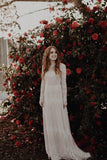 Elegant Long Sleeve Ivory Sheath Wedding Dresses Backless Lace Applique Country Wedding Dress