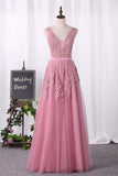 2024 V Neck Prom Dresses A Line Tulle With Applique Open Back