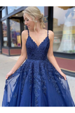 Dark Blue Tulle Applique Spaghetti Straps Long Prom Dress Evening Dress