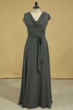2024 Floor Length Dress Cowl Neck Cap Sleeves With Sash Modified Circle Skirt Plus Size