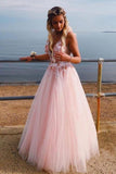 V Neck Sleeveless Tulle Prom Dress With Flowers And Beads