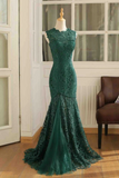 Charming Dark Green Lace Mermaid Straps Prom Dresses, Long Evening Dresses
