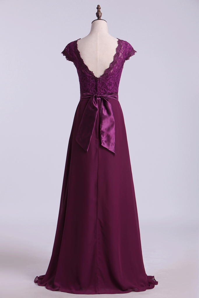 2024 Cap Sleeve Chiffon & Lace Bridesmaid Dresses A-Line Floor-Length