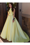 Daffodil Satin Sleeveless Criss-Cross Neckline Prom Dress With Sweep Train