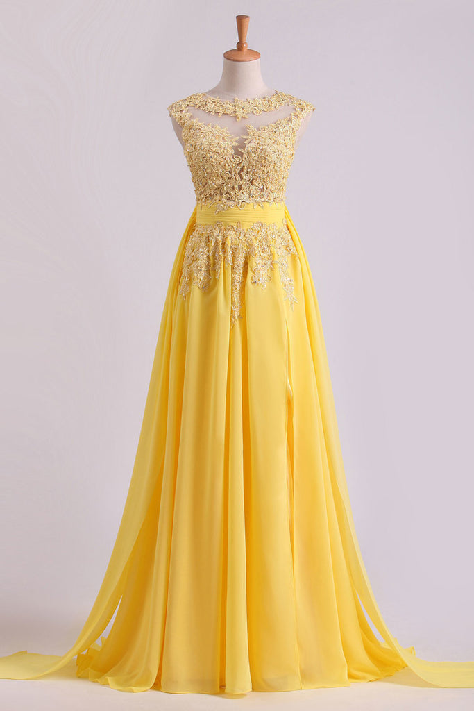 2024 Enchanted Bateau A-Line Court Train Prom Dresses With Applique & Bow-Knot Daffodil