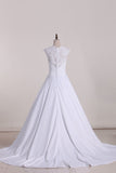 2024 Wedding Dresses Scoop With Applique And Sash A Line Stretch Satin