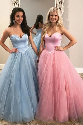 Unique Ball Gown Sweetheart Strapless Tulle Prom Dresses, Cheap Formal Dresses
