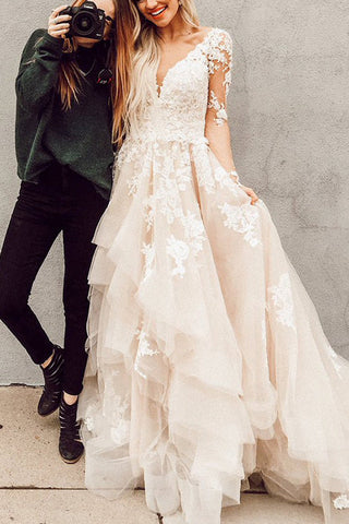 Delicate V Neck Long Sleeves Sweep Train With Appliques Ruffles Wedding Dresses