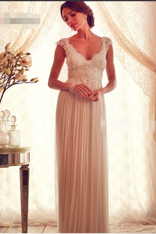 2024 V Neck Cap Sleeves Wedding Dresses Chiffon Floor Length With Applique Backless