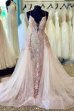 Spaghetti Straps Deep V Neck Tulle Prom Dress With Lace Appliques, Bridal Dresses