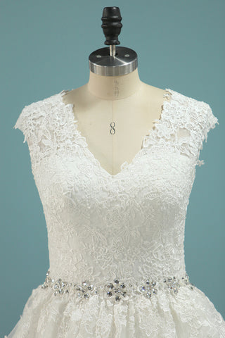 2024 V Neck A Line Beaded Waistline Wedding Dresses Lace With Applique