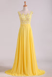 2024 A Line Scoop Cap Sleeves With Applique Prom Dresses Chiffon Floor Length