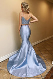 Two Piece Satin Prom Dresses With Lace, Spaghetti Straps Mermaid Long Party Dress