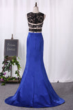 2024 See-Through Satin & Lace Prom Dresses Scoop With Slit Sweep Train