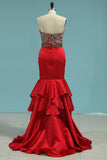 2024 New Arrival Mermaid V Neck Prom Dresses Satin With Beads&Appliques