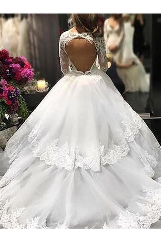 Luxurious Lace Long Sleeves V-Neck Layers Ball Gown Wedding Dresses
