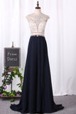 2024 A Line Prom Dresses Scoop Chiffon & Tulle With Beaded Bodice And Slit