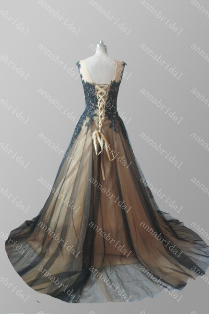 Scoop Prom Dresses A Line Tulle With Applique And Beads Sweep Train