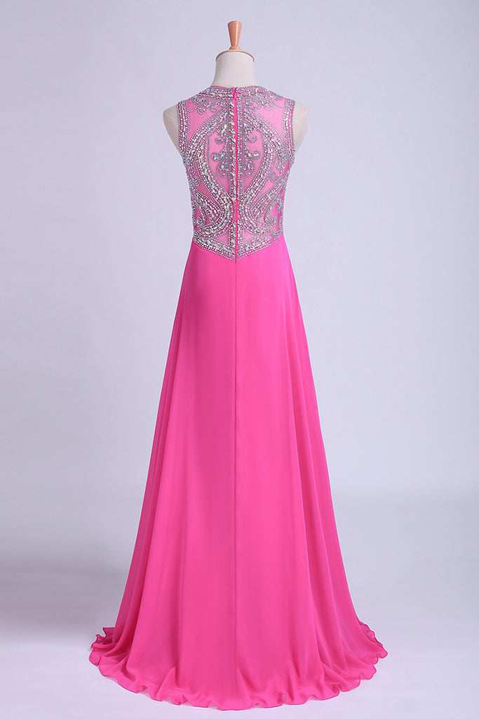 2024 Scoop A-Line Chiffon&Tulle Floor-Length Prom Dresses With Beads Color Fuchsia