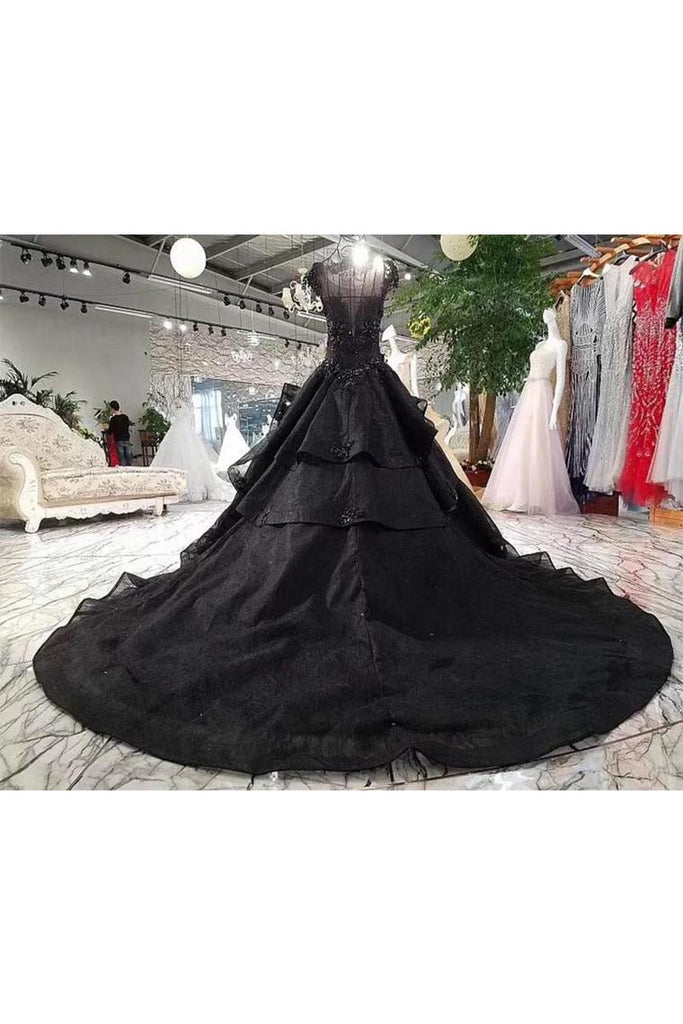 Gorgeous Black Ball Gown Wedding Dress With Cap Sleeves, Long Bridal Dress With Beads