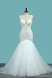 2024 Mermaid Open Back Tulle Straps With Applique Wedding Dresses Court Train