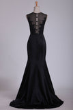 2024 New Arrival Evening Dresses Scoop Mermaid Satin With Applique Sweep Train