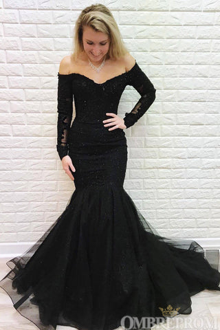 Black Prom Dresses Long Sleeves Off Shoulder Mermaid Party Dresses