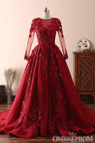 Dressforu Modest Elegant Burgundy Scoop Neck Long Sleeves Ball Gown Prom Dresses With Appliques